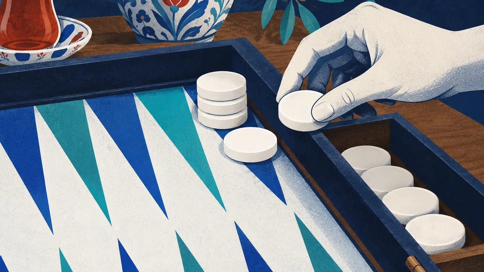 Illustration: a hand lifting a white checker off a tavla board, with borne-off checkers in the tray.