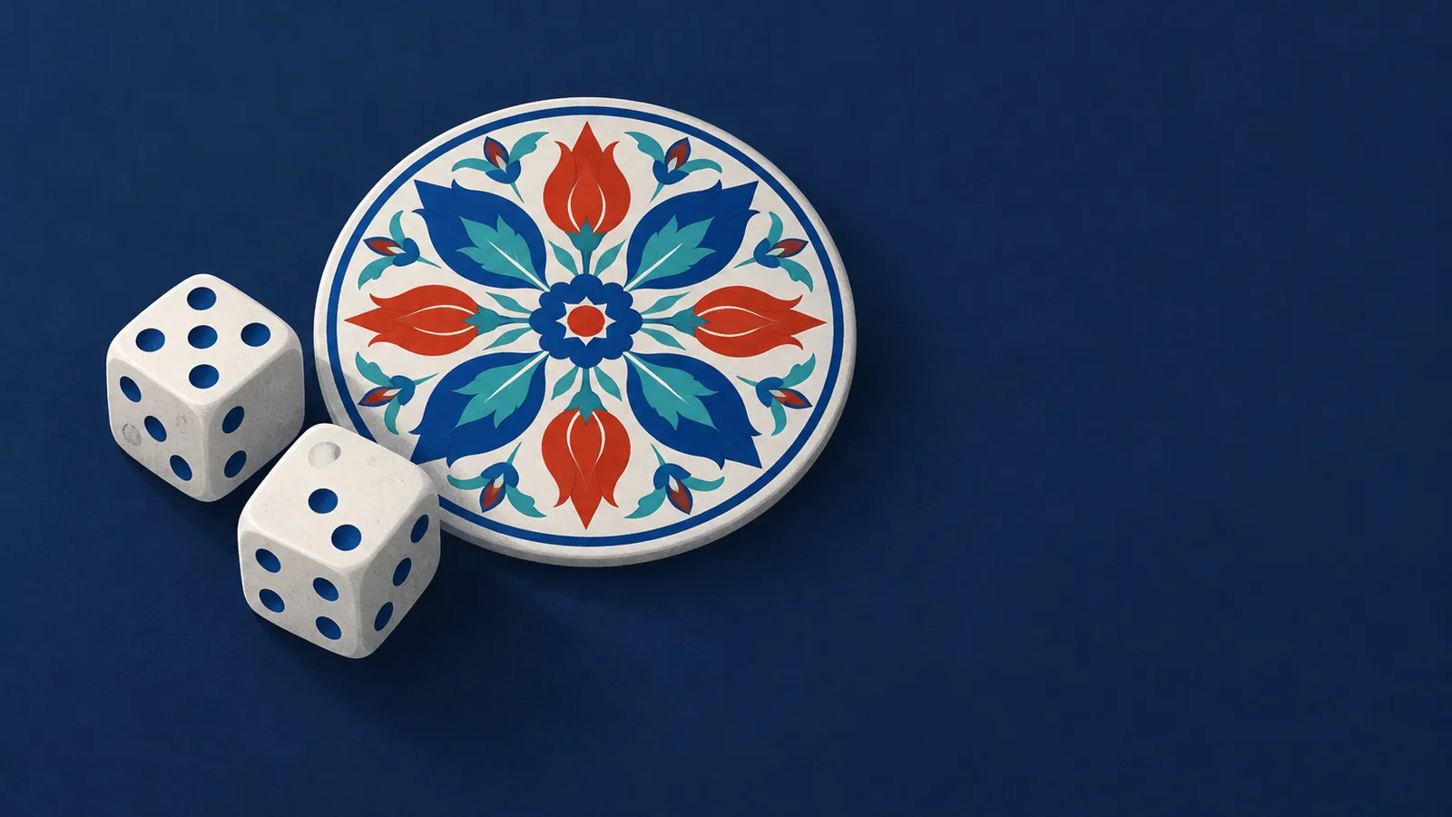 Illustration: two white dice beside a round İznik tile rosette on a navy table.