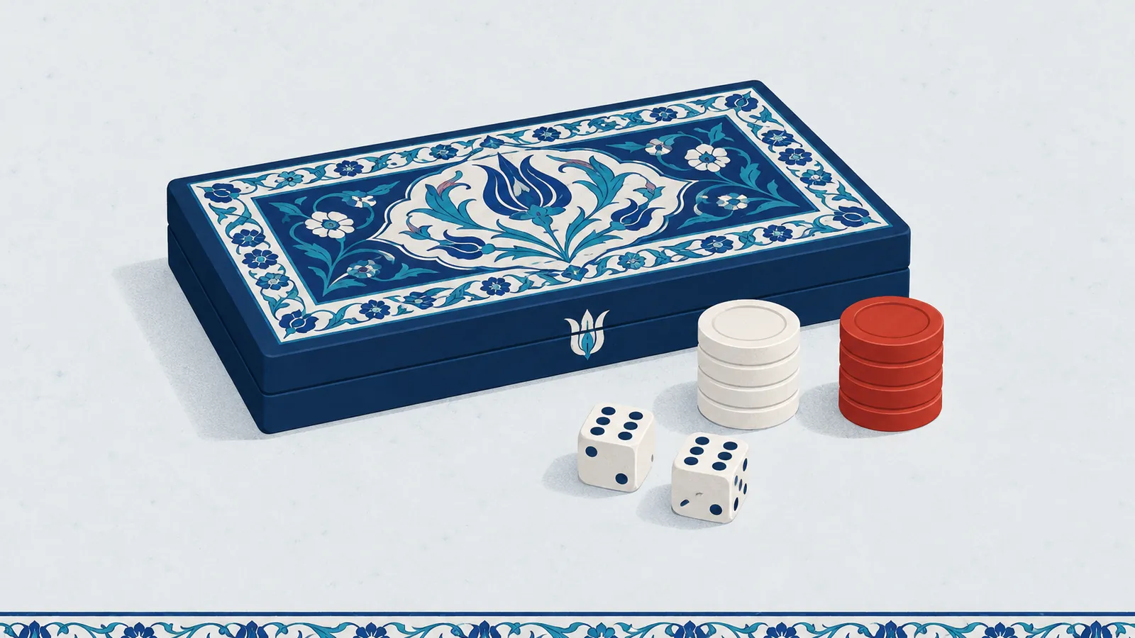 Illustration: a closed tavla case with stacks of white and red checkers and two dice showing double six.