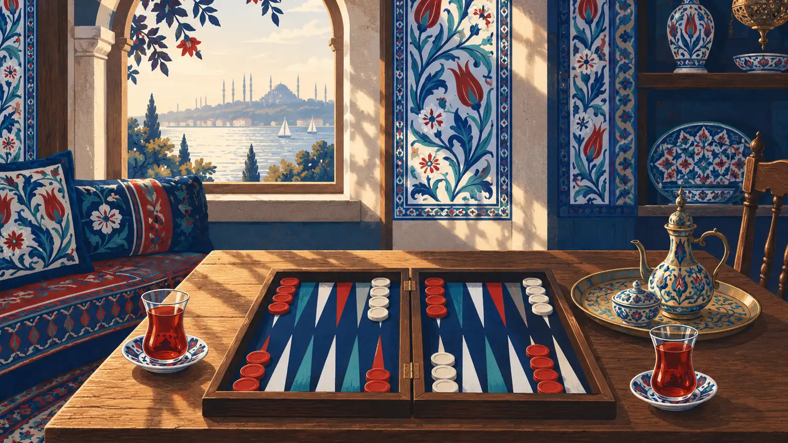 Illustration: an old tea house interior with a tavla board, tea glasses and a brass tray, an arched window over the Bosphorus.