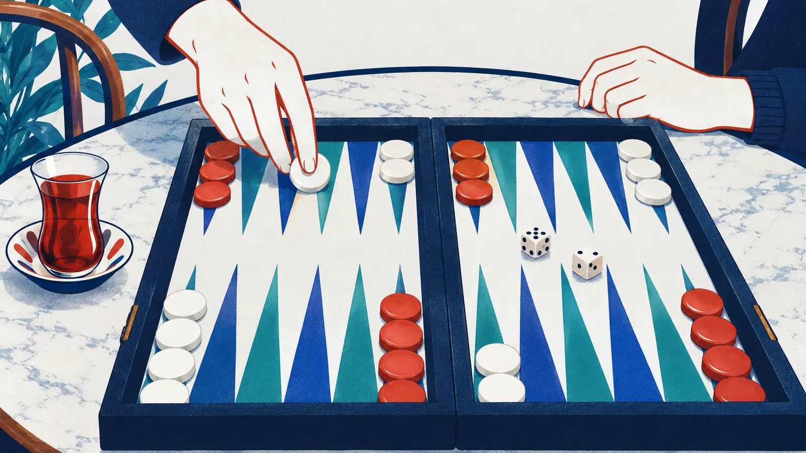 Illustration: two hands at a café table, one moving a white checker on a tavla board, a glass of tea beside it.