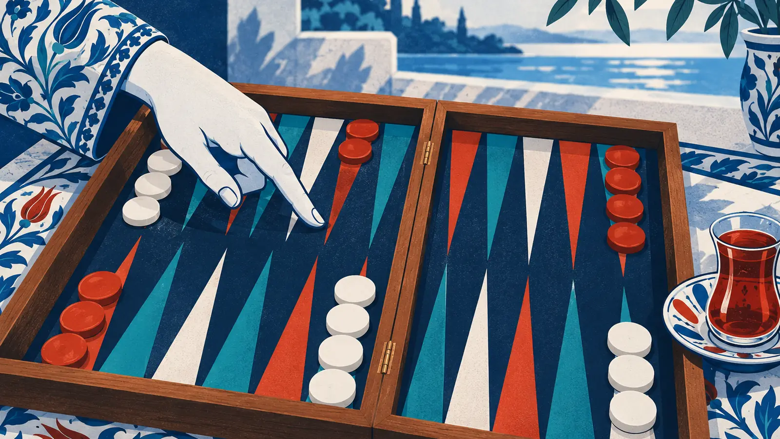 Illustration: a finger pointing along the points of a tavla board as if counting.