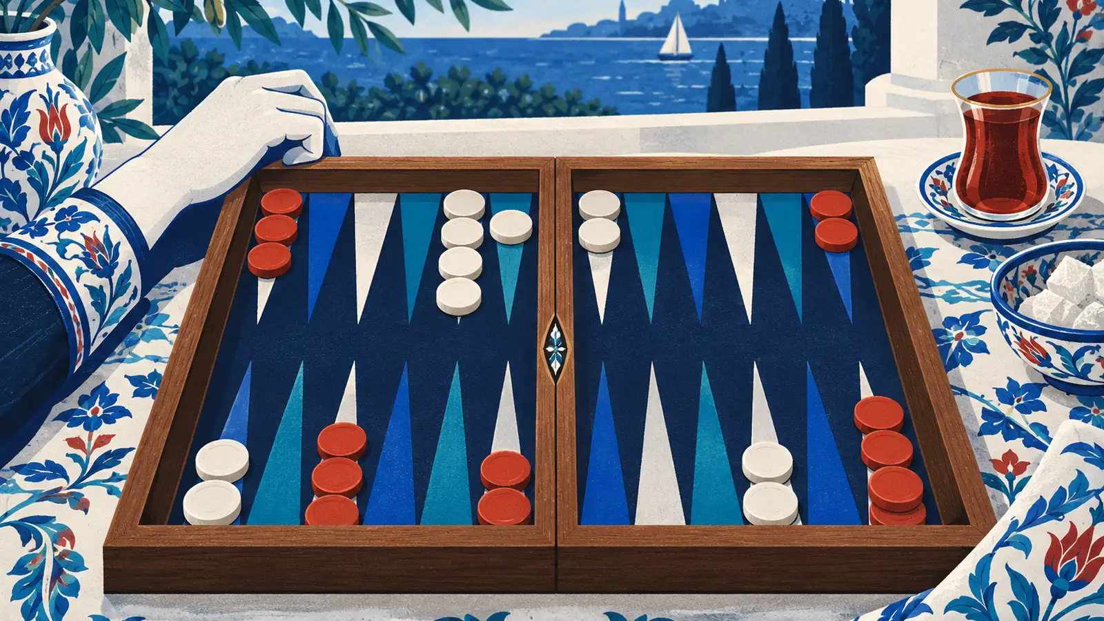 Illustration: a tavla game in progress beside a glass of tea, a player's hand resting by the board.