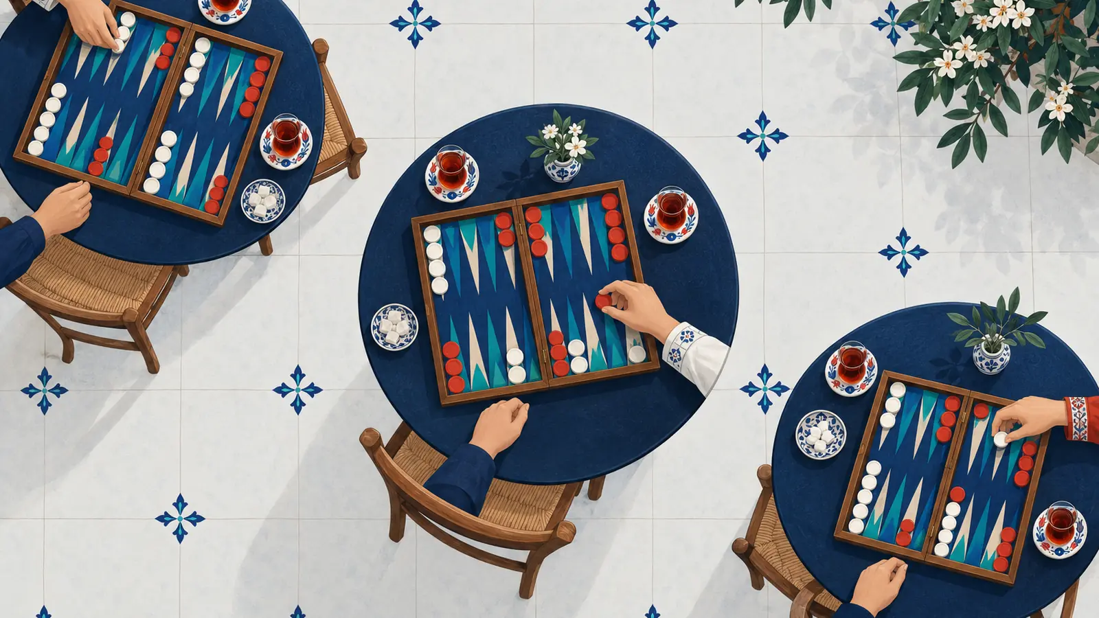 Illustration: a tea house seen from above, with tavla games on three small tables.